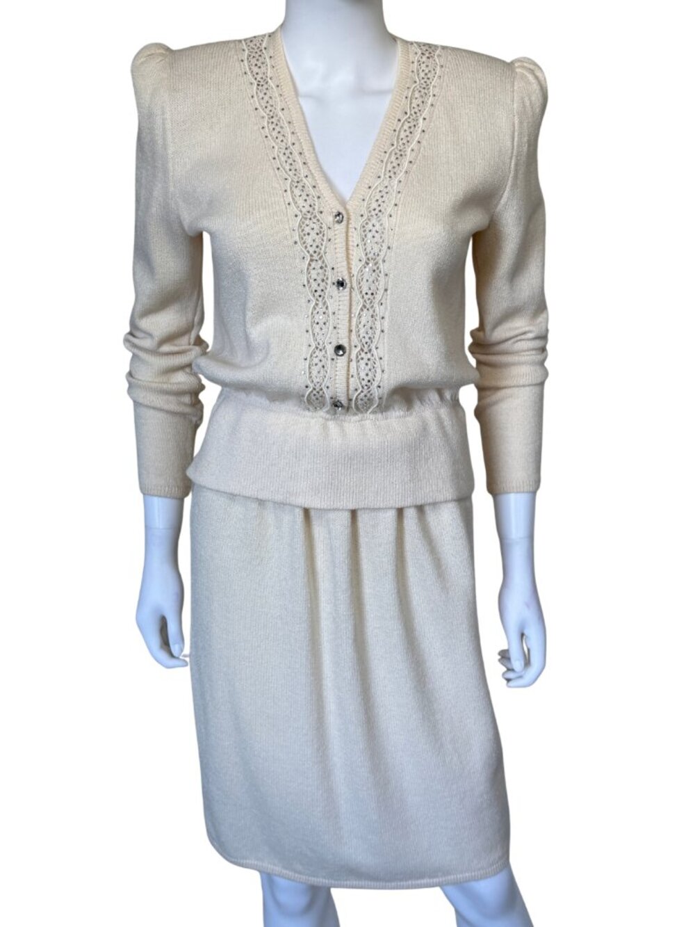 Vintage St. John 2 Piece Knit Skirt Suit Ivory Rhinestone Belt USA Sz 8